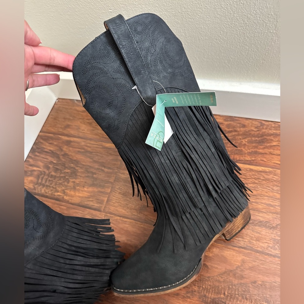 Fringe Black Leather Boots